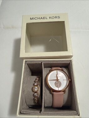 Michael Kors Pink and Rose Gold Watch and Crystal Bracelet Set